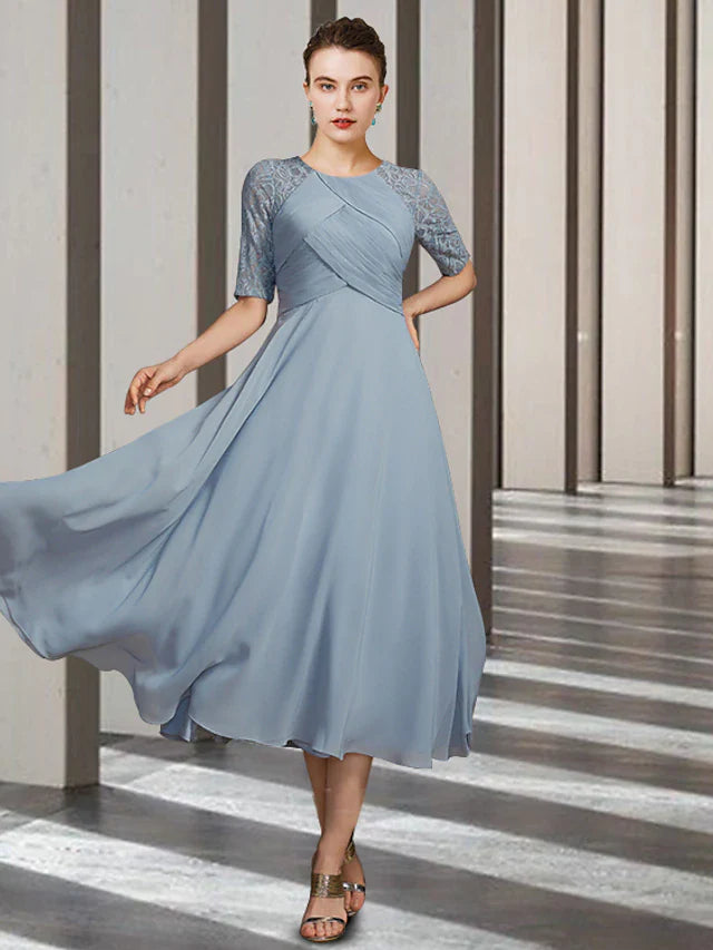 Wholesale A-Line Mother of the Bride Dress Elegant Jewel Neck Tea Length Chiffon Lace Short Sleeve with Ruching